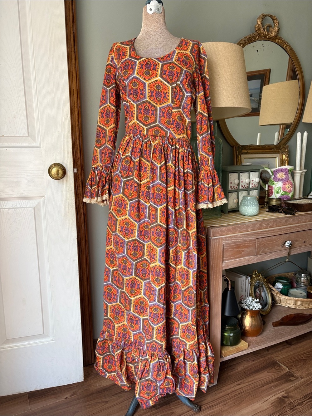 Vintage 60s/70s Orange Multi Hexagon Print Maxi Dress
